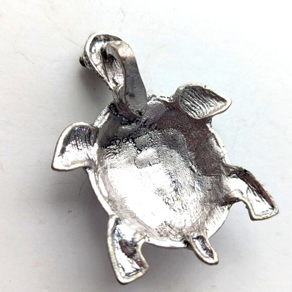 Silver Tone AB Crystal Glass Rhinestone Figural Turtle Tortoise Necklace Pendant - Picture 2 of 3